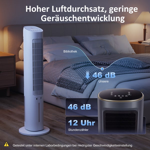 Turmventilator in einem Schlafzimmer neben einem Bett mit Hinweisen auf 46 Dezibel Geräuschpegel und eine 12 Stunden Zeitschaltuhr.