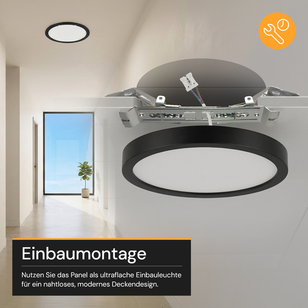 Rundes ultraflaches LED-Panel für die Einbaumontage mit Montagefedern in einem modernen hellen Flur.