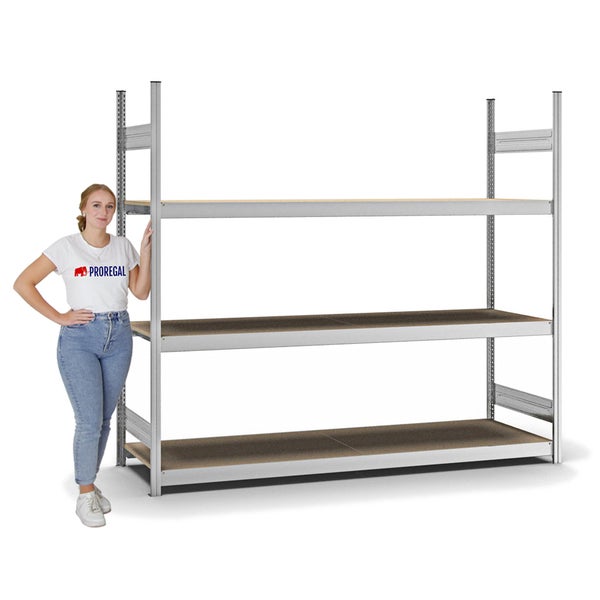 PROREGAL Weitspannregal Stecksystem T-Profil Grundregal HxBxT 200x225x60 cm 3 Ebenen Spanplatten Fachboden Fachlast 350 kg Verzinkt