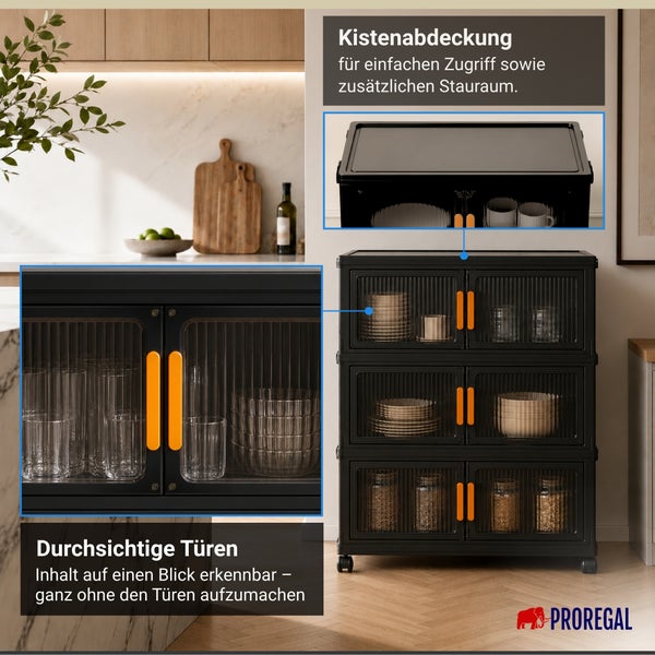 Proregal Logo. Schwarzer Aufbewahrungsschrank mit drei Etagen, transparenten Türen, orangen Griffen, Rollen und aufklappbarem Deckel.