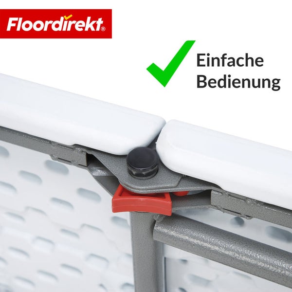 Detailansicht Klapptisch mit Kennzeichen für einfache Bedienung und FloorDirekt Logo