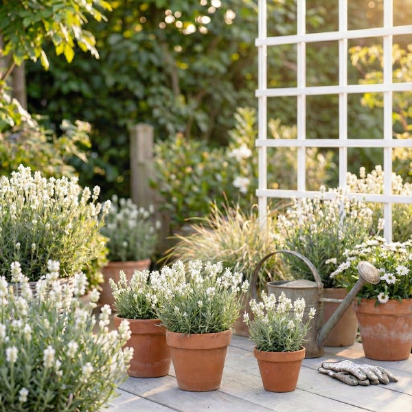 Weißer Lavendel in Tontöpfen auf einer Holzterrasse vor einem weißen Rankgitter mit Gießkanne und Gartenhandschuhen.
