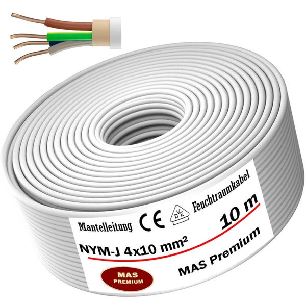 Mantelleitung NYM-J 4x10 Quadratmillimeter, Feuchtraumkabel, Länge 10 Meter, weißer Kabelring mit Detailansicht der vier Adern.