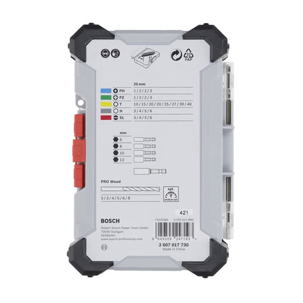 Bosch Bit- und Bohrerset Verpackungsrückseite mit Größenangaben