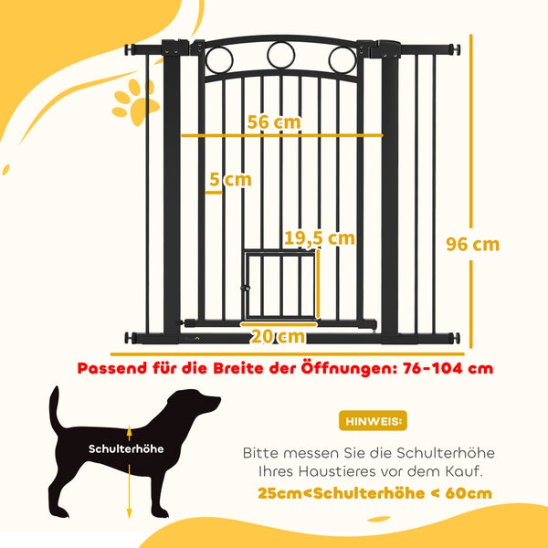 Abmessungen des Tierschutzgitters mit Tür und Größenangaben