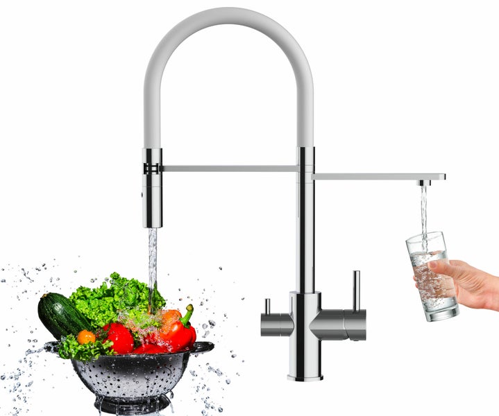 3 Wege Wasserhahn Küchenarmatur, FL, mit 360° schwenkbarem Auslauf, abnehmbare 2 strahl Handbrause, Verchromt / Weiß