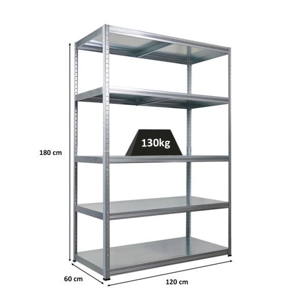 Metallregal mit fünf Ablageflächen, 180 cm hoch, 120 cm breit und 60 cm tief, maximale Traglast 130 kg