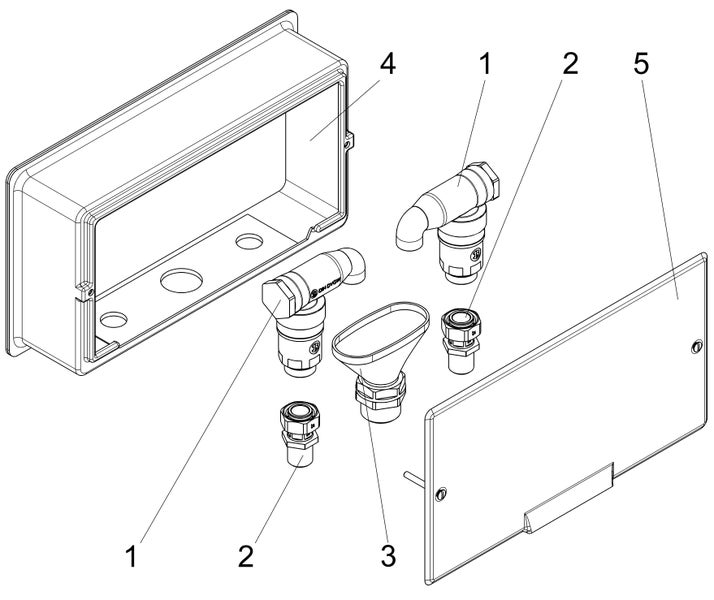 Technische Zeichnung einer Montage für einen Unterputz Anschlusskasten inklusive Armaturen, Trichter und Abdeckplatte.