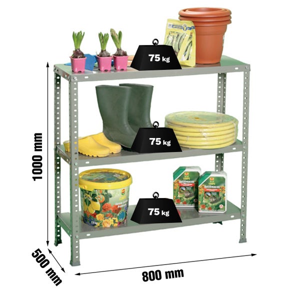 Metallregal mit drei Fachböden, Tragkraft 75 Kilogramm pro Boden, Maße 1000 mal 800 mal 500 Millimeter, mit Gartenartikeln.