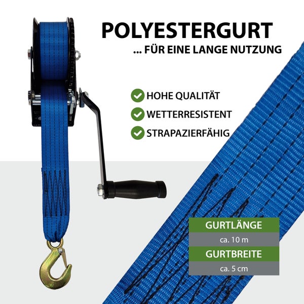 Polyester Spanngurt mit Ratsche, circa 10 m Gurtlänge und circa 5 cm Gurtbreite
