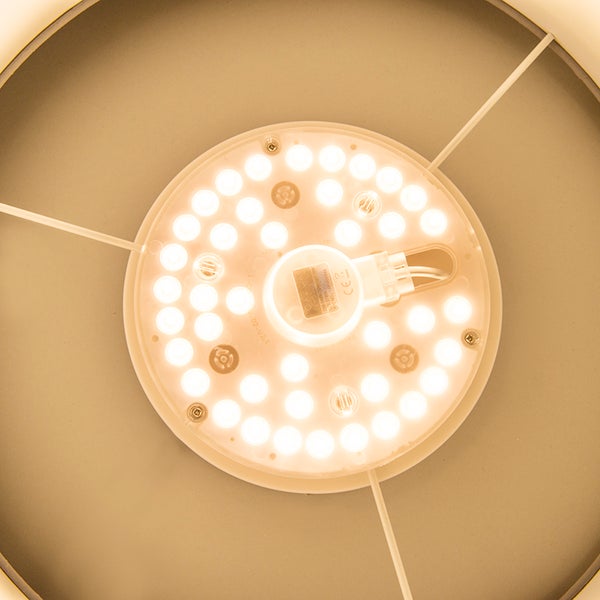 Innenansicht einer Leuchte mit kreisförmigem Modul aus Leuchtdioden, zahlreiche kleine Leuchtdioden auf einer runden Platine.