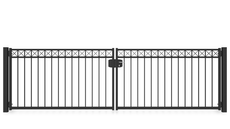 Gartentor ZAUNGURU BASIC-Line Oldenburg Kreuz aus Metall, Höhe: 123cm, Breite: 441cm, 2-flügelig inkl. Pfosten, Schloss und Zubehör, Feuerverzinkt und zusätzlich in RAL 7016 Anthrazitgrau pulverbeschichtet