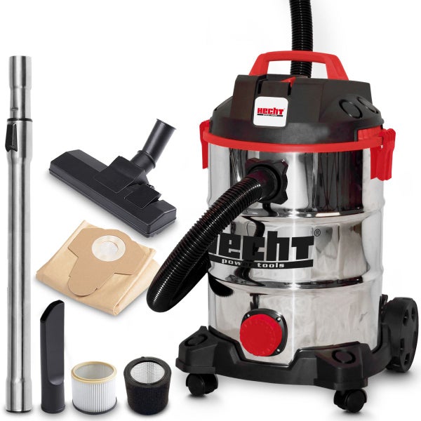 Hecht Nass- und Trockensauger aus Edelstahl mit Zubehör wie Bodendüse, Fugendüse, Teleskopstange, Staubbeutel und Filtern.