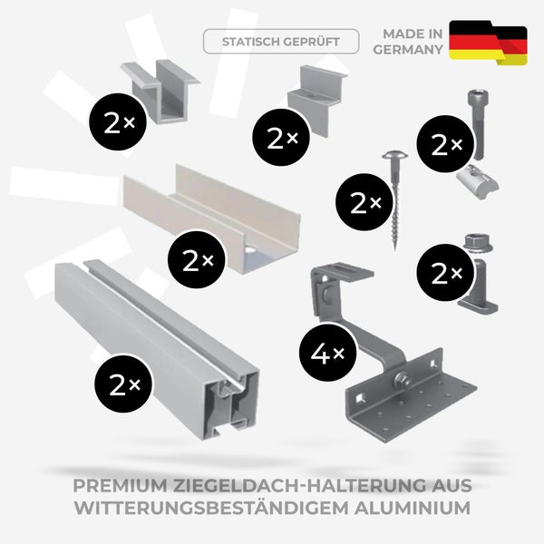 Montage-Set für Photovoltaik auf Ziegeldächern aus Aluminium, inklusive Profilschienen, Dachhaken und Klemmen, statisch geprüft.
