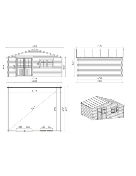 Technische Zeichnung eines Gartenhauses mit Vorderansicht, Seitenansicht, Grundriss und 3D-Ansicht inklusive Maßangaben.