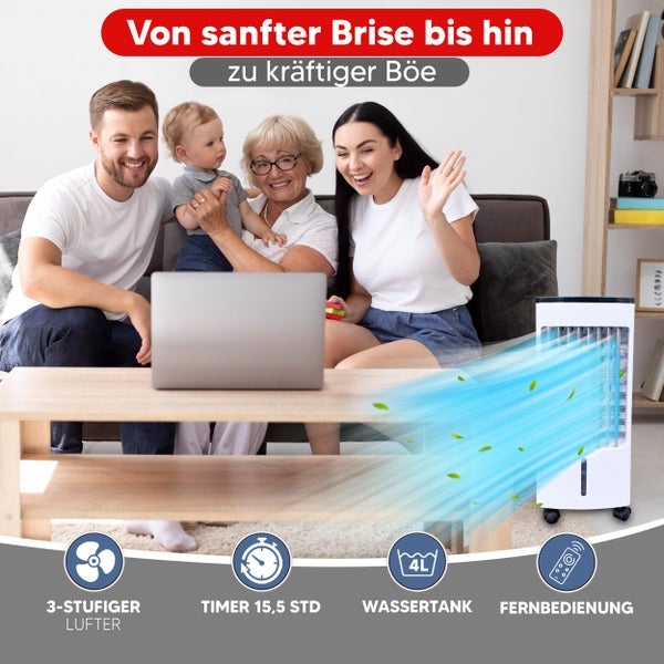 Mobiles Luftkühlgerät im Wohnzimmer mit Familie. Funktionen: 3-stufiger Lüfter, Timer bis 15,5 Stunden, 4 Liter Wassertank und Fernbedienung.