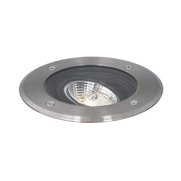 Runder Bodeneinbaustrahler aus Edelstahl mit Glasabdeckung und sichtbarem Leuchtmittel.