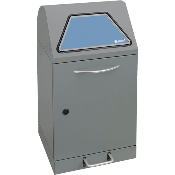 Grauer Wertstoffsammler von Stumpf Metall aus Stahlblech mit blauer Einwurfklappe, Fronttür, Griff und Schloss.