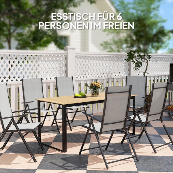 Outsunny Gartentisch Metall 175x78 cm Wetterfest Balkontisch mit Holzoptik, Lamellendesign Buffettisch Campingtisch für 6 Personen Terrassentisch Outdoor Esstisch für Garten, Terrasse Balkon Schwarz