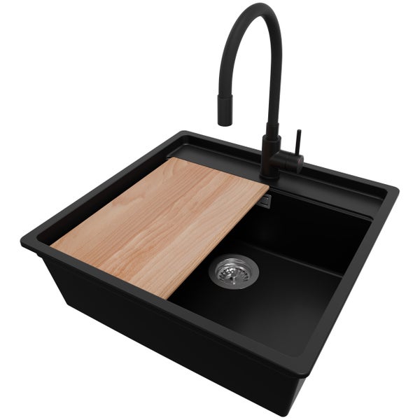 PRIMAGRAN Granitspüle Schwarz 56x53cm, Eckspüle 1 Becken + Küchenarmatur 40x38cm + Ablauf-Set + Schneidebrett, Küchenspüle ab 60er Unterschrank - Bergen