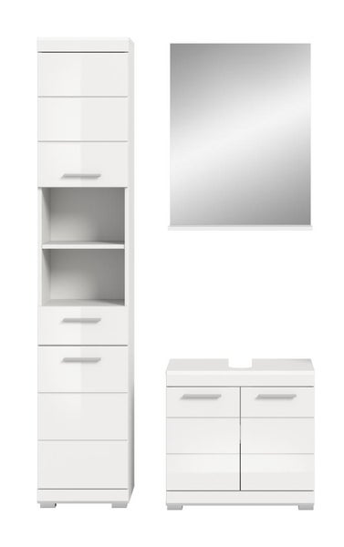 Dreiteiliges Badezimmermöbel-Set in Weiß Hochglanz, bestehend aus einem Hochschrank, einem Waschbeckenunterschrank und einem Spiegel.
