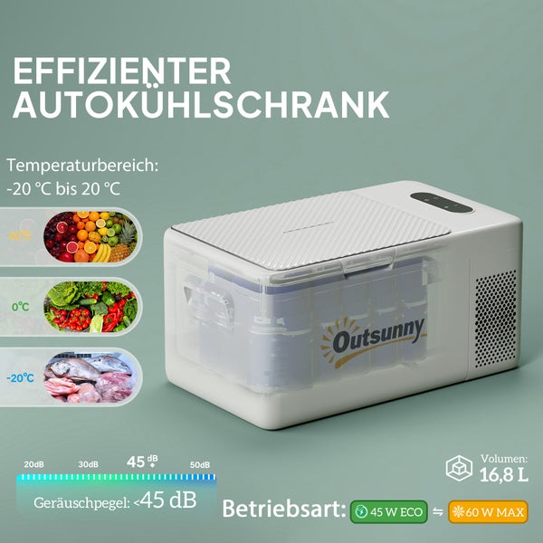 Outsunny 16,8 Liter Kompressor Kühlbox elektrische Kühlbox mit LED ECO-Modus Anschluss Kühlhaltefunktion leise Gefrierbox Thermobox Mini Kühlschrank 12/220 Volt für Auto Steckdose Camping Cremeweiß