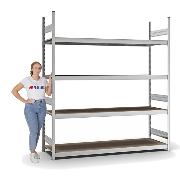 PROREGAL Weitspannregal Stecksystem T-Profil Grundregal HxBxT 250x225x60 cm 4 Ebenen Spanplatten Fachboden Fachlast 350 kg Verzinkt