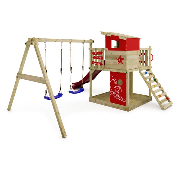 WICKEY Spielturm Klettergerüst Smart Camp mit Schaukel und Rutsche, Baumhaus mit Sandkasten, Kletterleiter und Spiel-Zubehör - rot