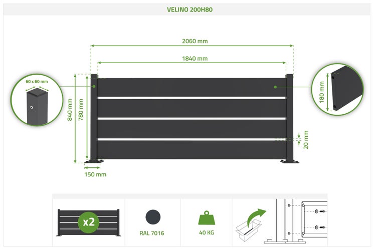 Technische Zeichnung Zaunfeld Velino 200H80: Breite 2060 Millimeter, Höhe 840 Millimeter, Pfosten 60 mal 60 Millimeter, Gewicht 40 Kilogramm.
