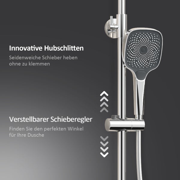 EMKE Duschsystem mit Thermostat Duschset Duschsäuleset mit Brausestange, Handbrause mit 3 Strahlstärken, Regendusche, Chrom