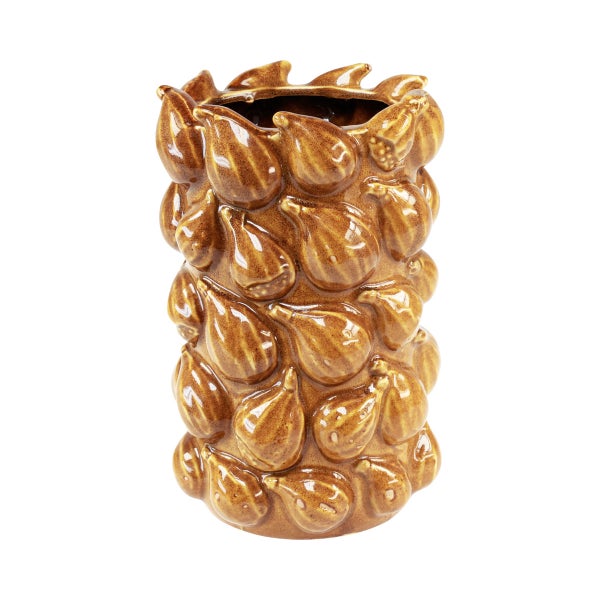 Braune Keramikvase mit reliefartigen Feigen-Motiven und glänzender Oberfläche.