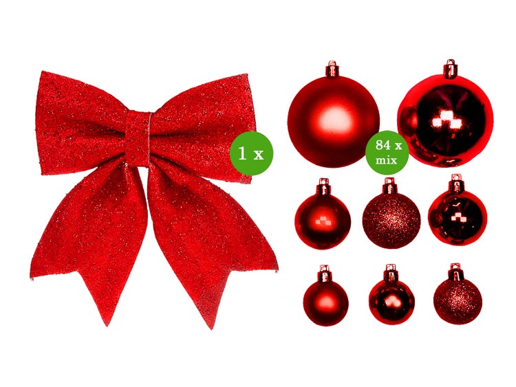 Weihnachtsdekoration Set bestehend aus einer Schleife und 84 Christbaumkugeln
