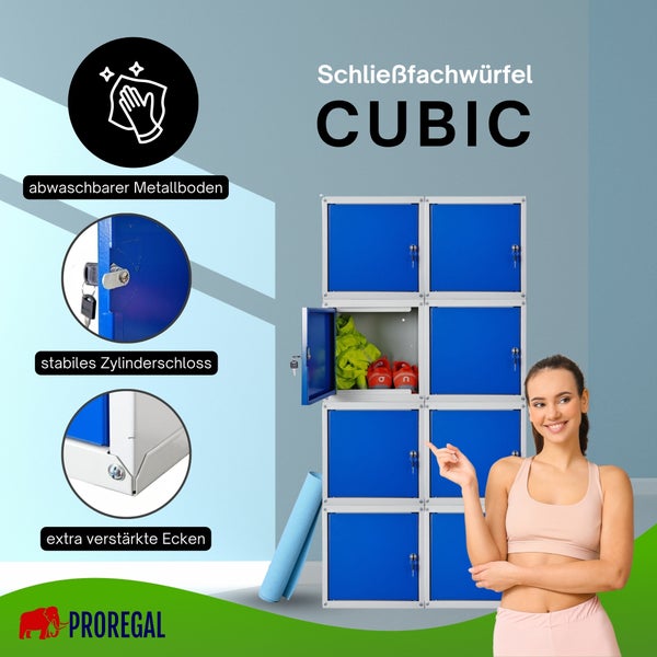 Proregal Schließfachwürfel Cubic mit blauen Türen, abwaschbarem Metallboden, Zylinderschloss und verstärkten Ecken.