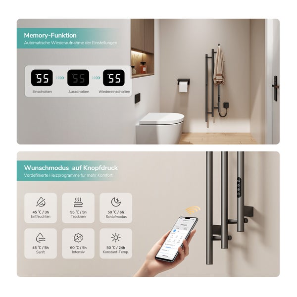 Moderner elektrischer Handtuchheizkörper im Badezimmer mit Memory-Funktion, verschiedenen Heizmodi wie Trocknen und Entfeuchten sowie App-Steuerung.