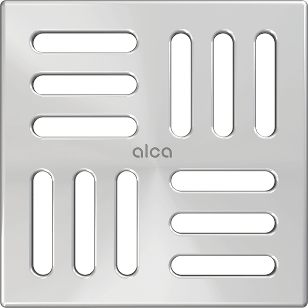 Quadratischer Duschrost Alca aus Edelstahl mit Schlitzmuster.