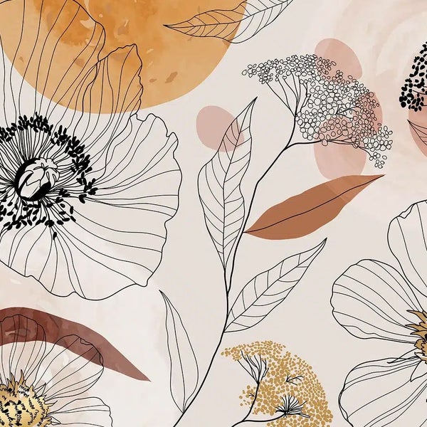 Moderne Vliestapete mit botanischem Muster, abstrakten Blumen als Linienzeichnung und organischen Formen in Erdtönen.