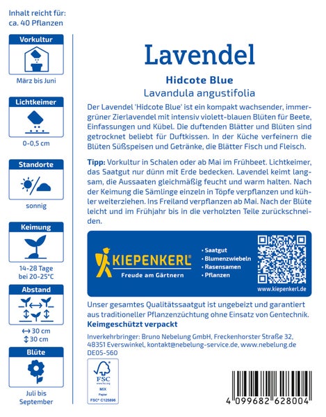 Saatguttüte Lavendel Hidcote Blue von Kiepenkerl mit Anbauinformationen, Inhaltsangabe für circa 40 Pflanzen und FSC Zertifizierung.