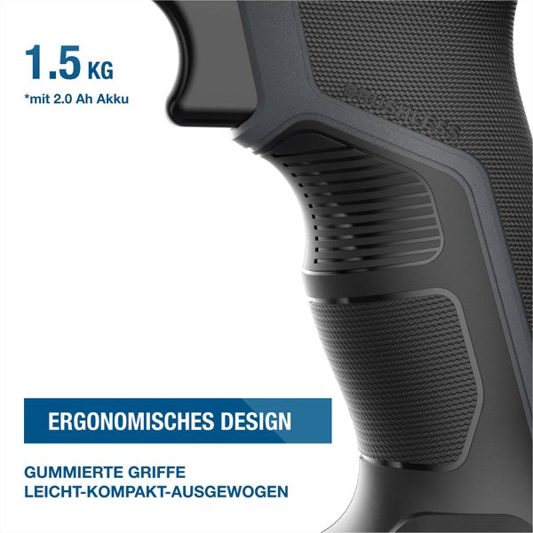Detailansicht eines bürstenlosen Elektrowerkzeugs mit ergonomischem Griff, gummierten Griffbereichen und einem Gewicht von 1,5 Kilogramm mit Akku.