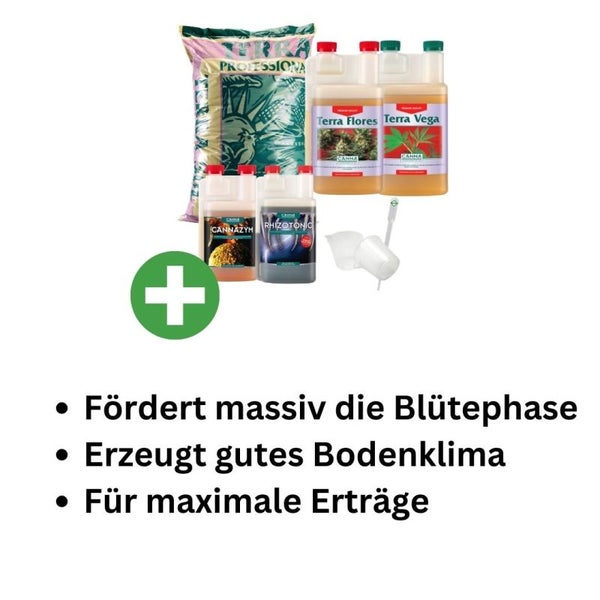 Canna Terra Profi Erde-Set Medium – 50L Premium-Erde + Terra Vega & Flores je 1L + Cannazym & Rhizotonic 250ml – Inkl. Pipette & Messbecher für präzise Düngung