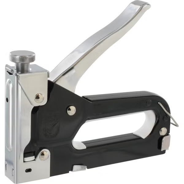 Handtacker aus Metall in Schwarz und Silber mit Einstellschraube und Sicherheitsverriegelung.