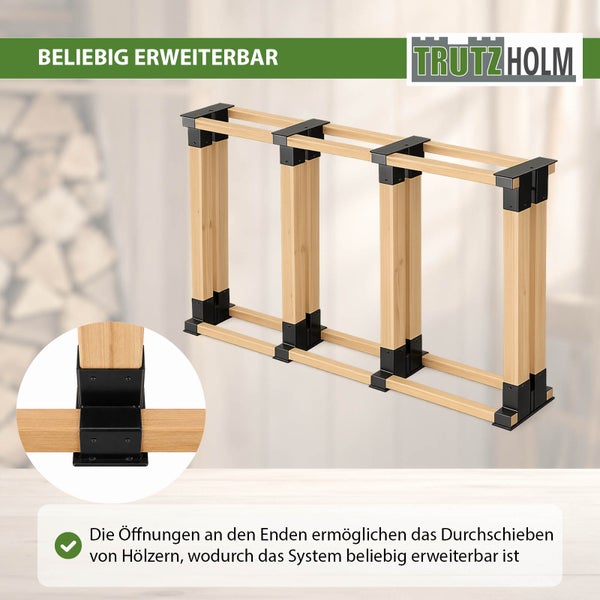 Erweiterbares Kaminholzregal Stecksystem von Trutzholm mit Holzverbindern für die individuelle Holzstapelung im Innen und Außenbereich.