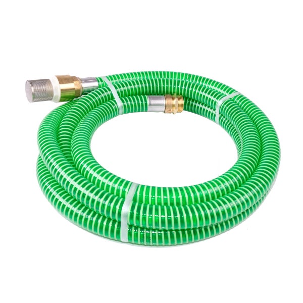 Grüner Saugschlauch mit Saugkorb und Messinganschluss.