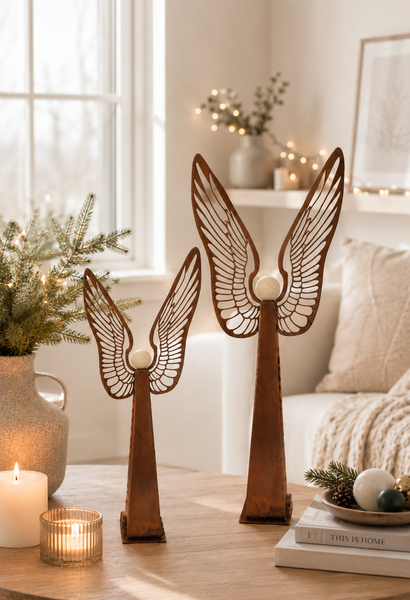 Zwei dekorative Engel Figuren aus Metall mit hölzernen Köpfen und Flügeln in Rostoptik als festliche Weihnachtsdekoration auf einem Holztisch.