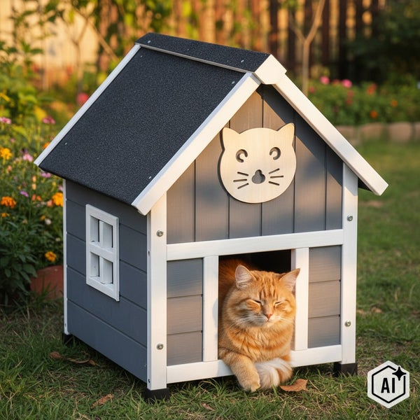 Katzenhaus aus Holz für den Außenbereich mit wetterfestem Dach und Fenster, aufgestellt im Garten mit einer Katze im Eingang.