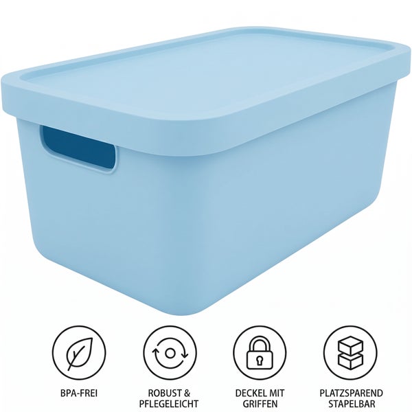 Rechteckige Aufbewahrungsbox aus Kunststoff mit Deckel und Griffen, BPA-frei, robust und stapelbar.