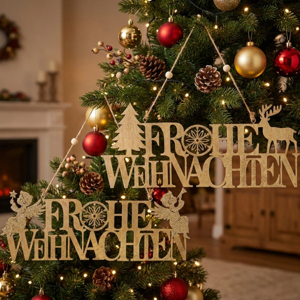 Zwei glitzernde Holzanhänger mit Schriftzug Frohe Weihnachten, geschmückter Weihnachtsbaum mit Kugeln und Zapfen im Hintergrund