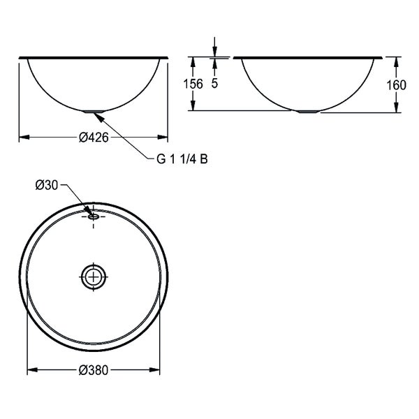 Maßzeichnung für ein rundes Einbauwaschbecken mit einem Durchmesser von 426 Millimeter und einer Gesamthöhe von 160 Millimeter.