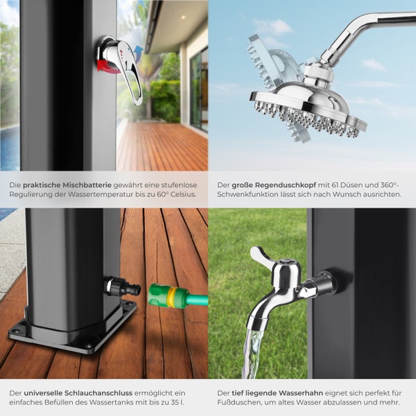 Detailansicht einer Gartendusche mit Mischbatterie, Duschkopf, Schlauchanschluss und Wasserhahn
