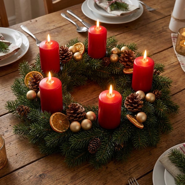 Adventskranz mit vier brennenden Kerzen dekoriert mit Tannenzweigen, Zapfen, Orangenscheiben und Weihnachtskugeln auf einem hölzernen Tisch.