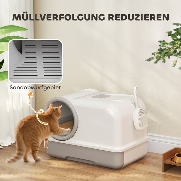 Moderne, geschlossene Katzentoilette aus Kunststoff mit Streu-Auffanggitter und Schaufel, in hellem, organisiertem Raum mit einer Katze.